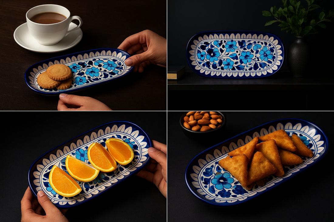 Multani blue pottery serving tray – handmade ceramic with floral design, ideal for snacks, fruits, and tea. Pakistani blue pottery for kitchen and home decor.