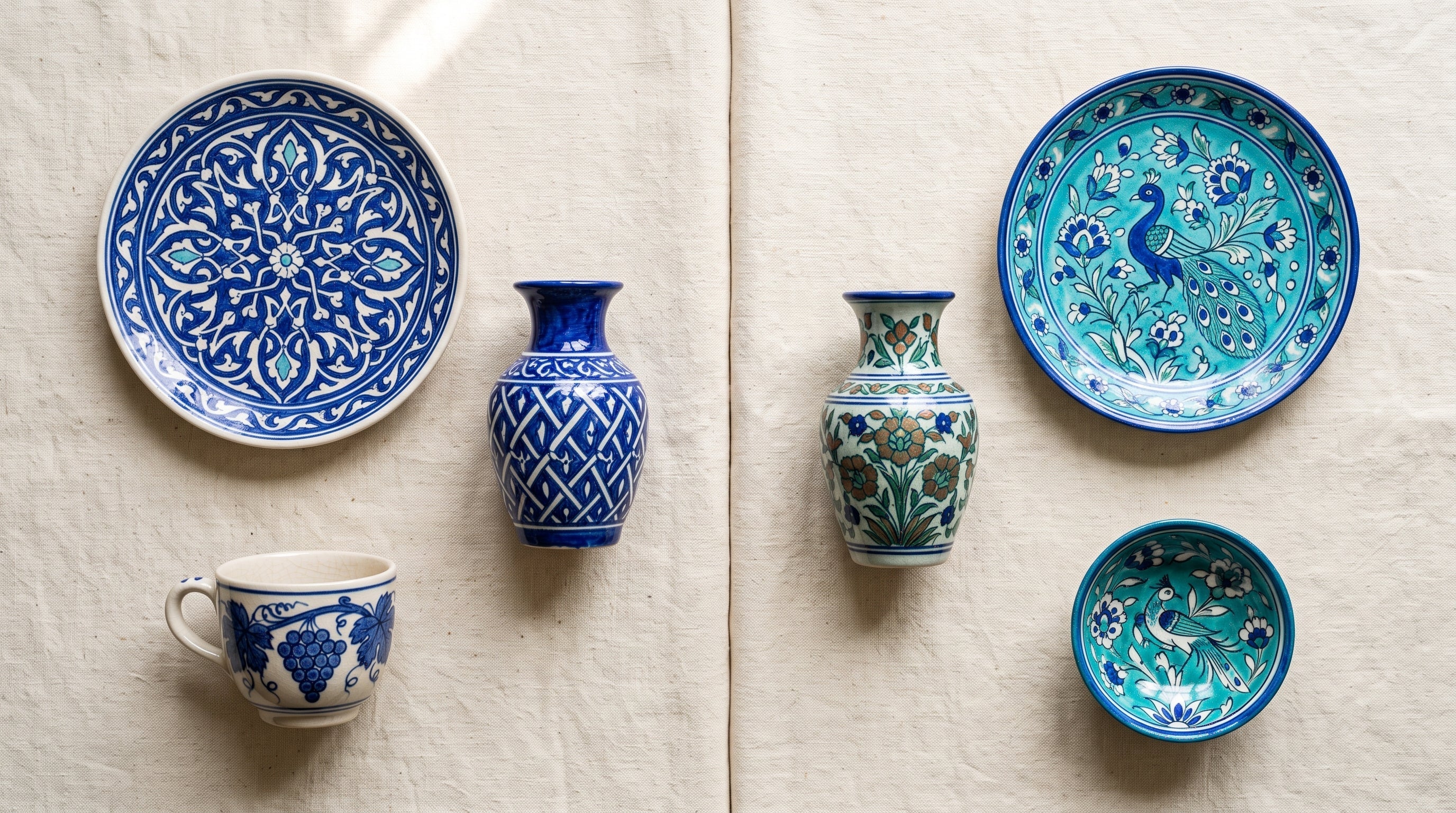 Side-by-side comparison of Multani Kashigari blue pottery from Pakistan and Jaipur blue pottery from India showing differences in colour palette and motifs