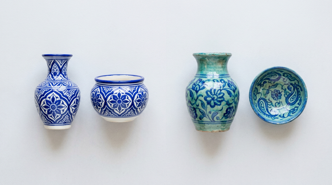 Side-by-side comparison of Multani blue pottery and Sindhi Hala blue pottery showing differences in colour, pattern, and glaze
