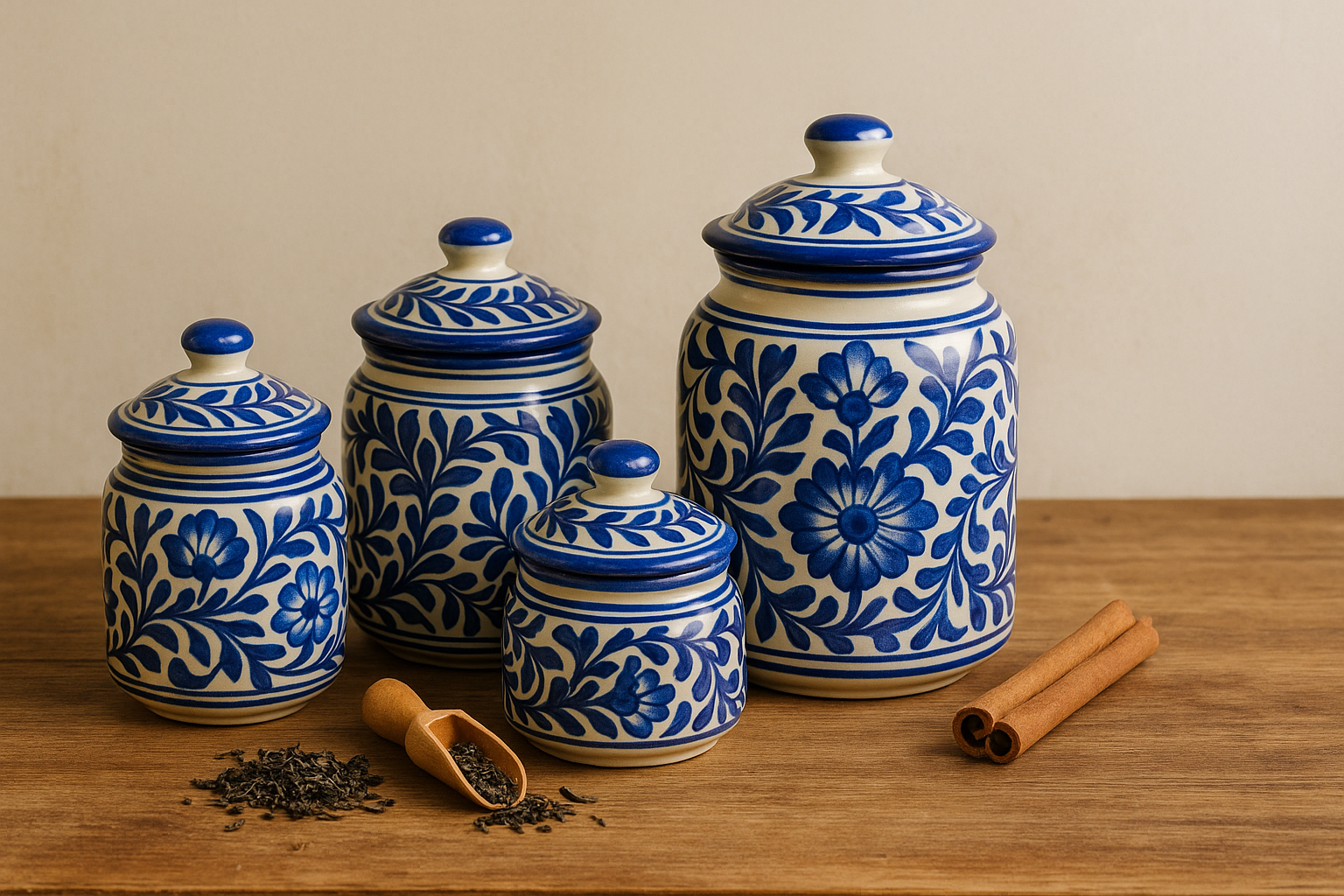 image is showing a collection of handmade ceramic storage jars with blue floral patterns on a white base on a kitchen shelf depicting storage. 