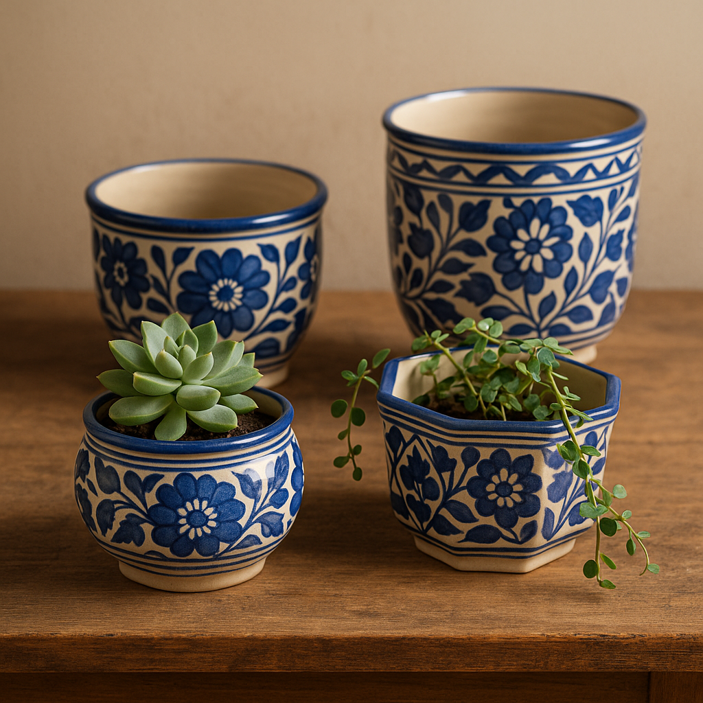 Handcrafted blue and white ceramic planters with floral patterns, including round and hexagon shapes, styled with succulents on a rustic wooden surface – traditional Multani blue pottery for indoor plant decor from pakistan