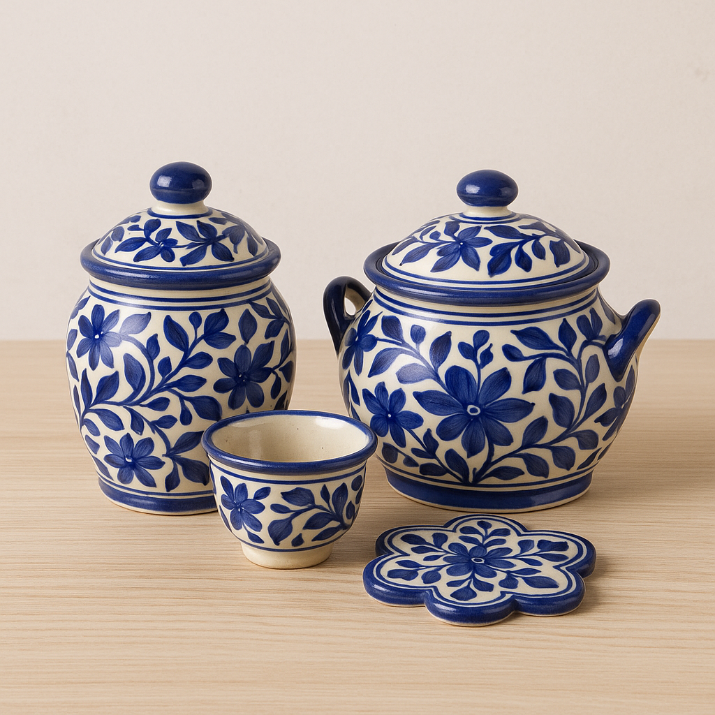 ceramic handmade blue pottery tea set and mugs with coasters