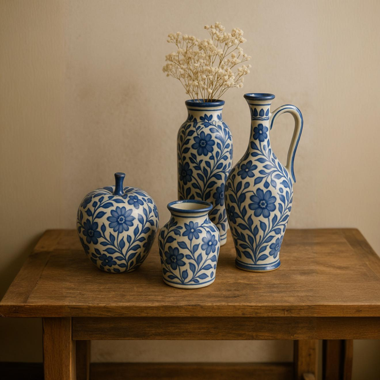 Handcrafted blue and white ceramic vases in apple, cylinder, and surahi shapes with floral designs, styled on a rustic wooden table – traditional Multani pottery for home decor.