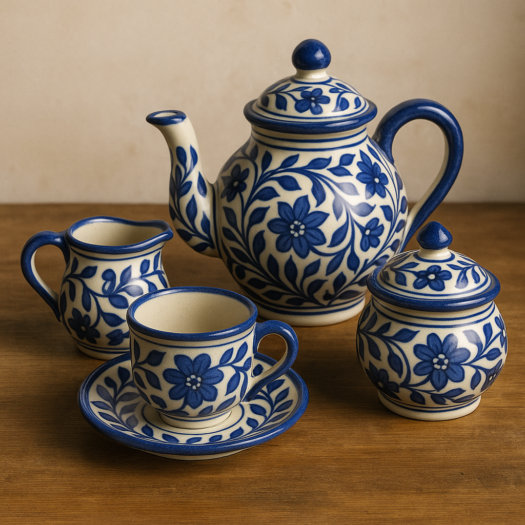 Handcrafted ceramic tea set mugs and glasses  – artisan Multani blue pottery for elegant drinkware and gifting.