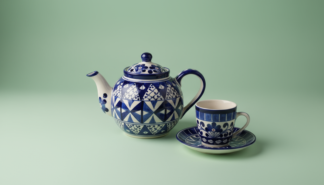 Handcrafted ceramic blue pottery tea set mugs and glasses  – artisan Multani blue pottery for elegant drinkware and gifting.