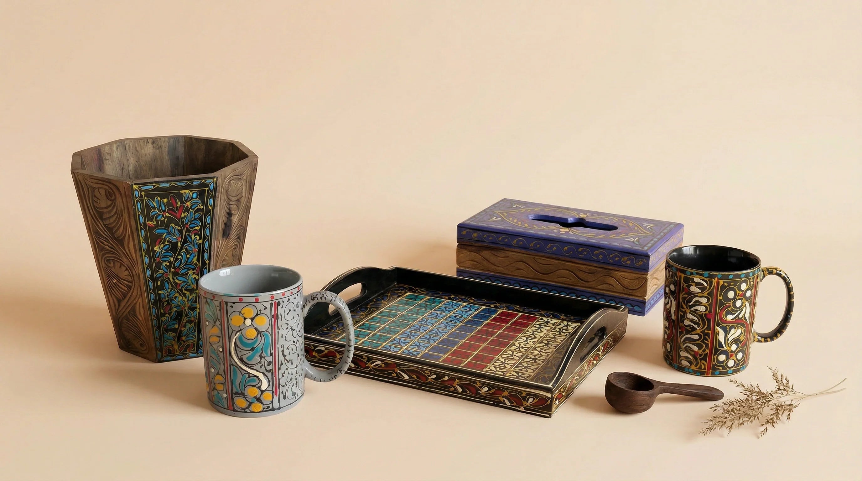 swati art pakistan including swati trays, hand-carved boxes and han-painted mugs