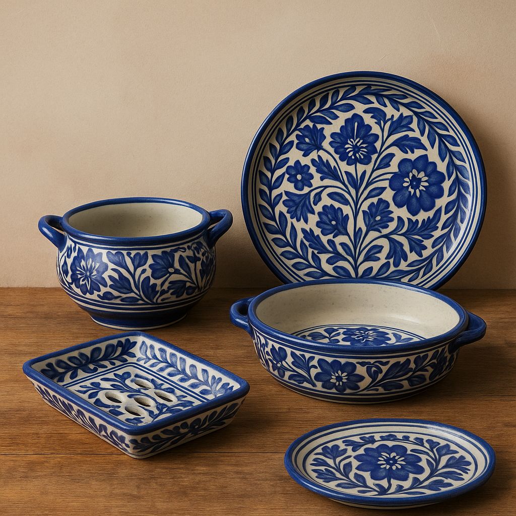 Handcrafted blue and white ceramic specialty dishware including a karahi pot, round pizza plate, rectangular soap dish, and oval baking dish – Multani blue pottery for serving and decor.