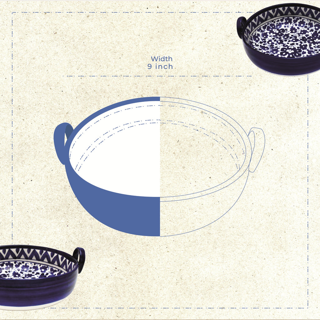 Blue Pottery Serving Karahi — 9″ × 2.5″ Multani Ceramic (Traditional Floral Motif)