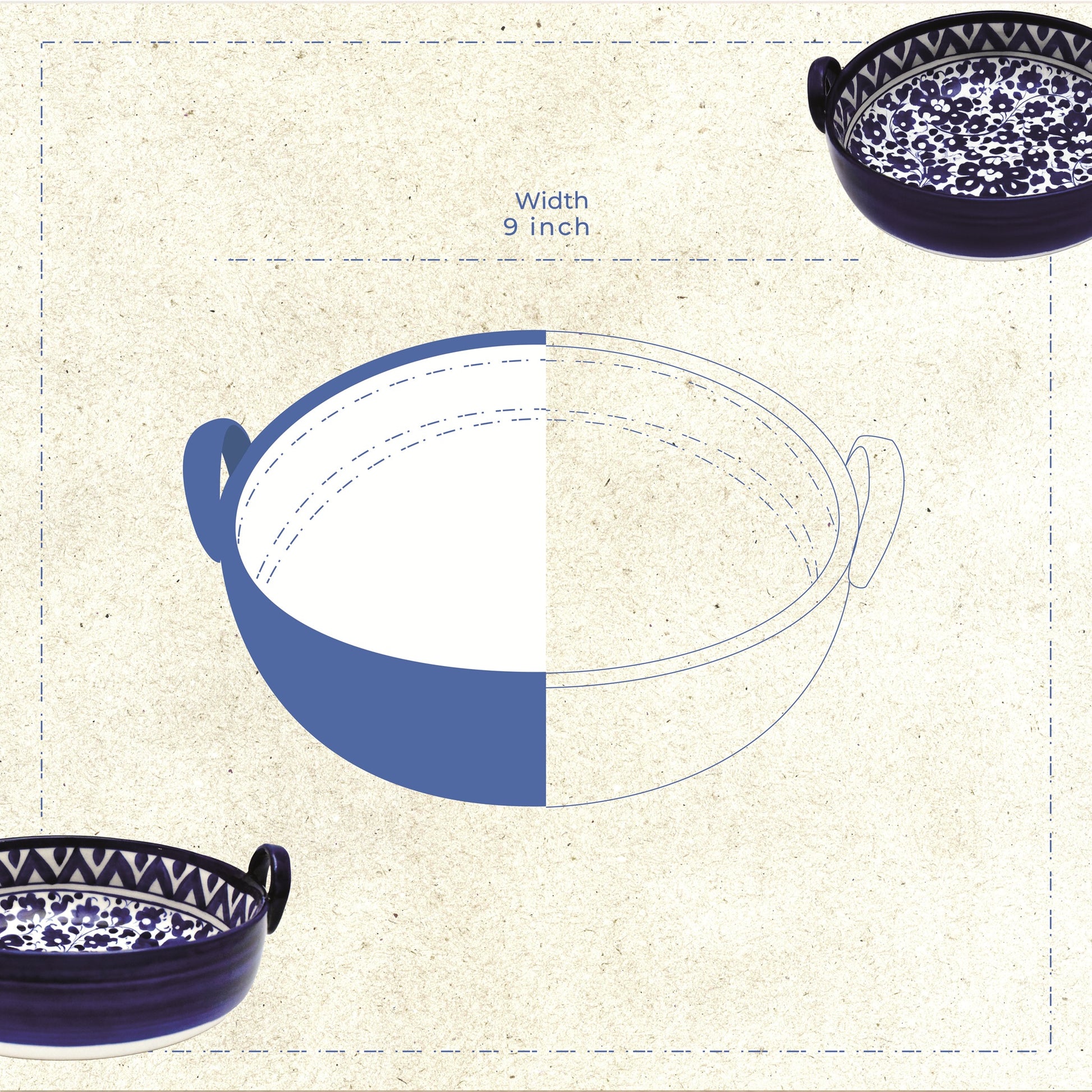 Blue Pottery Karahi - Style Serving Pot (9″) – Ceramic Bowl with Handles