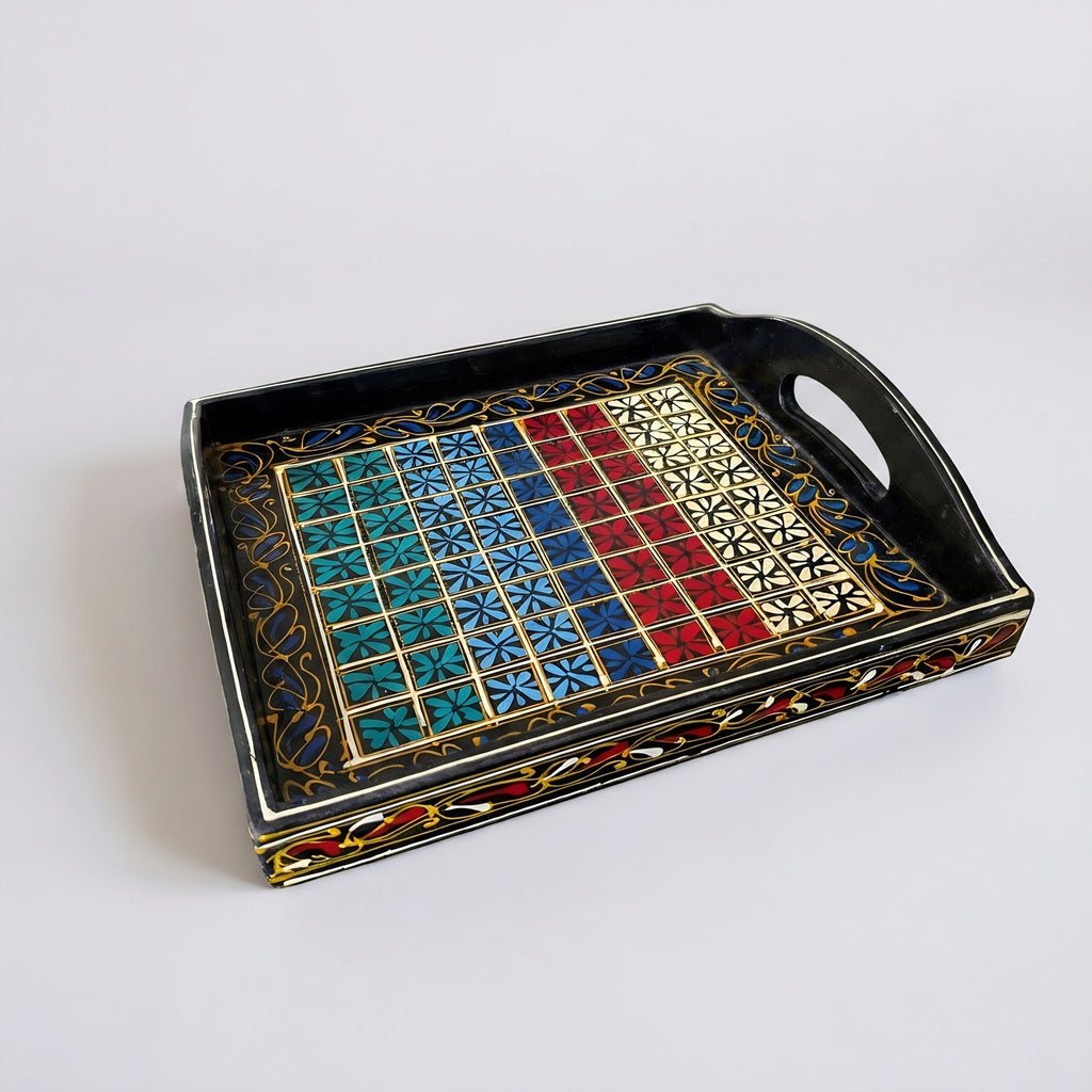 Black & Gold Swati Art Serving Tray — handmade wooden — Craftan Pakistan