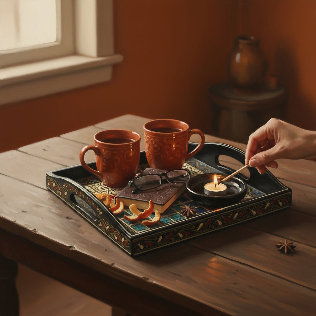 Black & Gold Swati Art Serving Tray — traditional wooden design — Craftan Pakistan