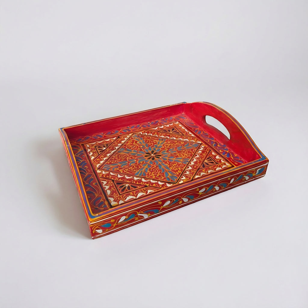 Swati Art Wooden Serving Tray — handmade red base — Craftan Pakistan