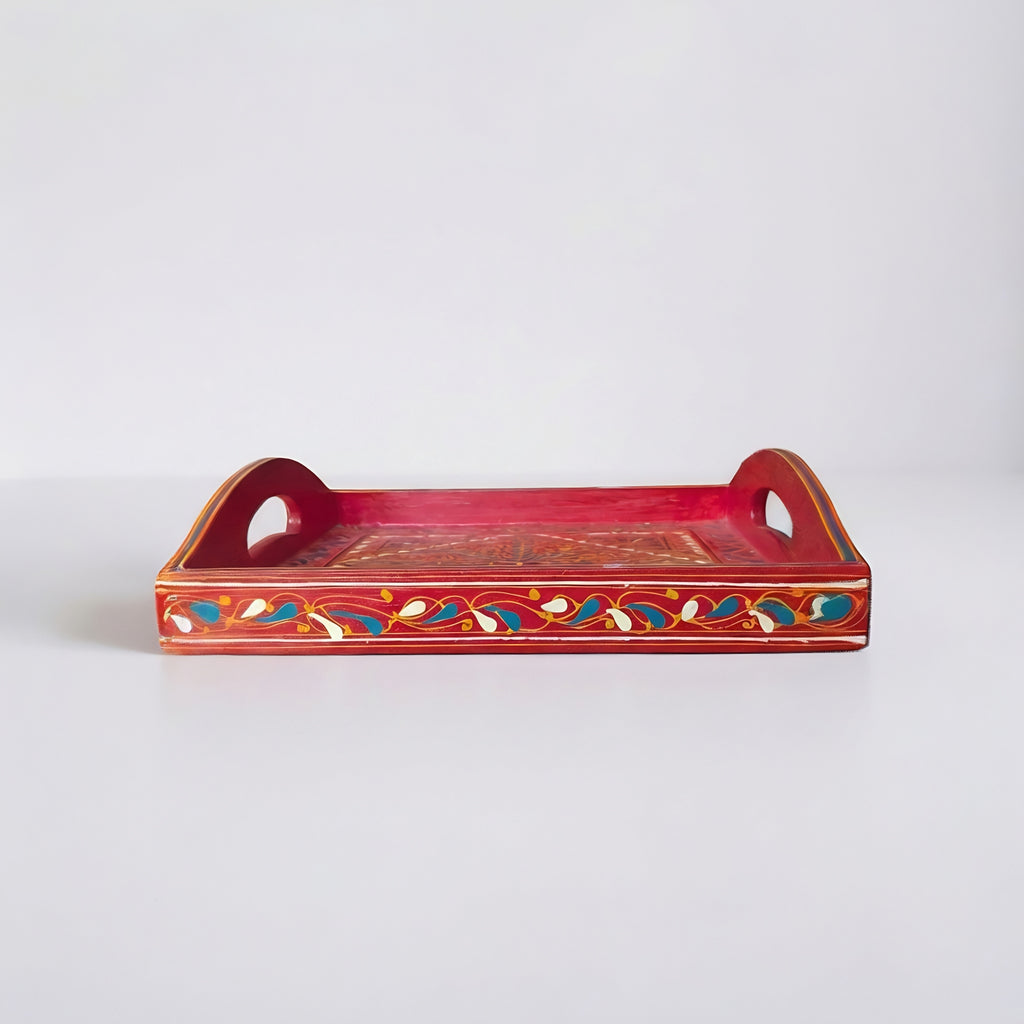 Swati Art Wooden Serving Tray — 12x12 inch red wooden surface — Craftan Pakistan