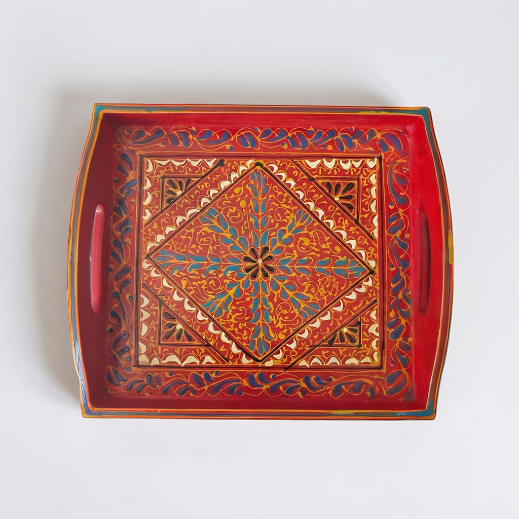 Swati Art Wooden Serving Tray — traditional Pakistani craftsmanship side view — Craftan Pakistan