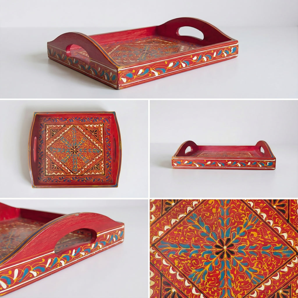 Swati Art Wooden Serving Tray — carved wooden details closeup — Craftan Pakistan