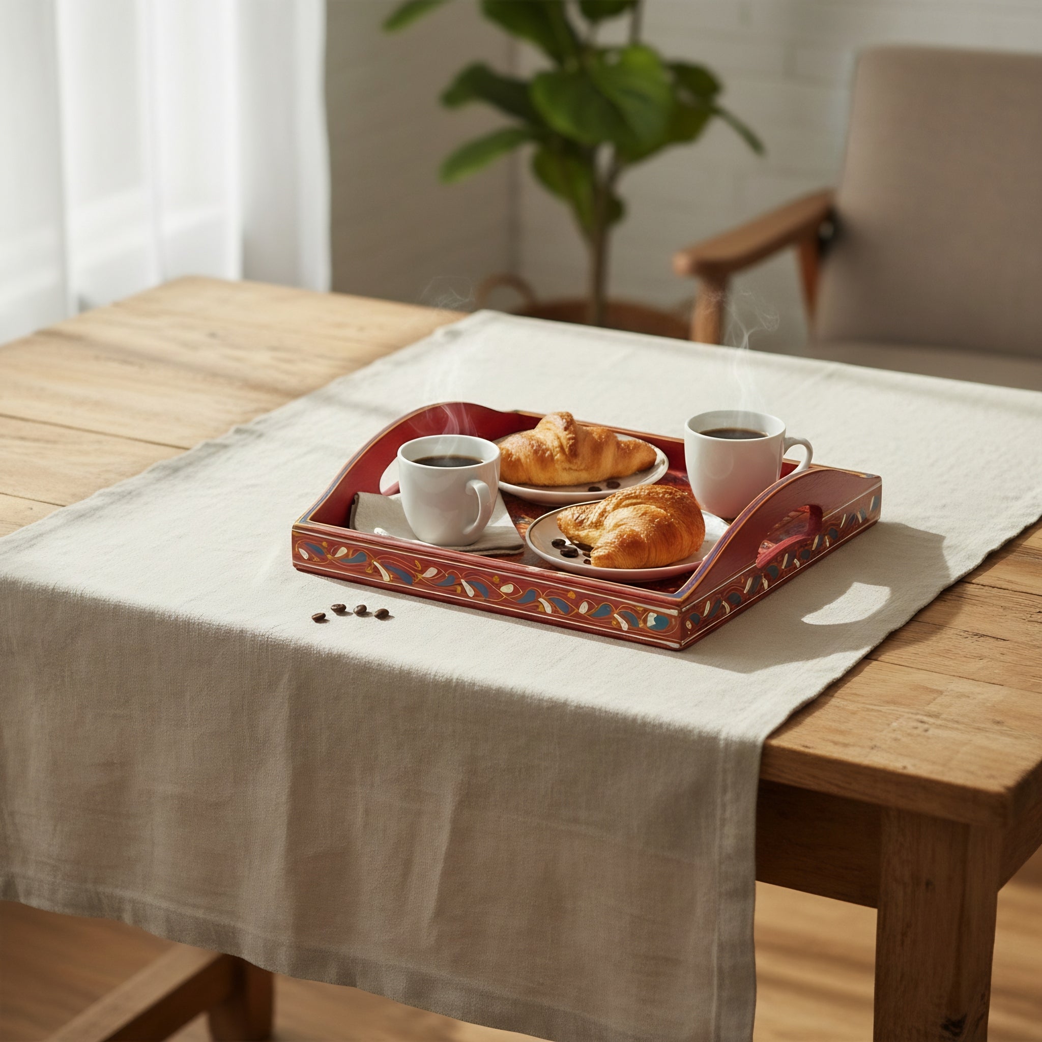 Swati Art Wooden Serving Tray — authentic Pakistani wooden craft overhead — Craftan Pakistan