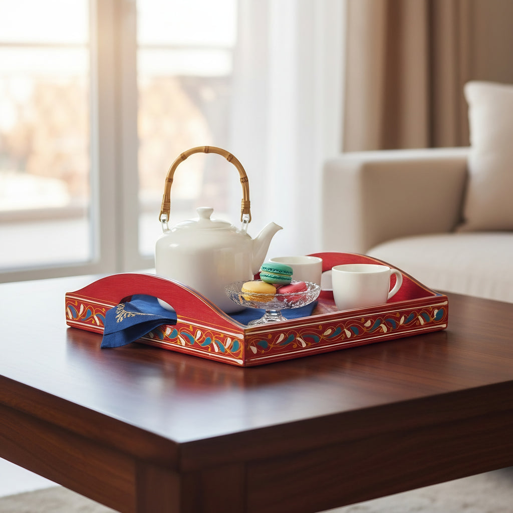 Swati Art Wooden Serving Tray — handmade wooden corners detail — Craftan Pakistan