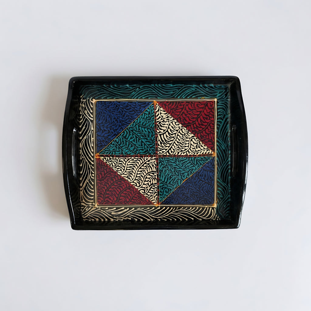 Swati Art Wooden Serving Tray — black base detail — Craftan Pakistan