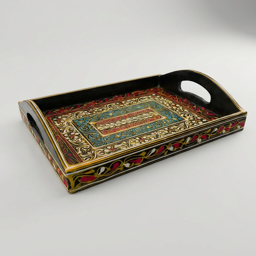 Swati Art Wooden Serving Tray — handmade geometric design — Craftan Pakistan