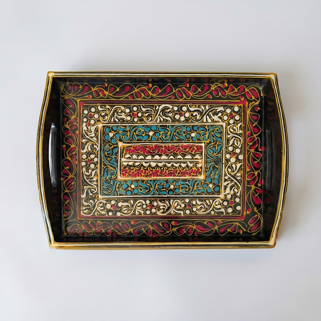 Swati Art Wooden Serving Tray — black patterns close-up — Craftan Pakistan