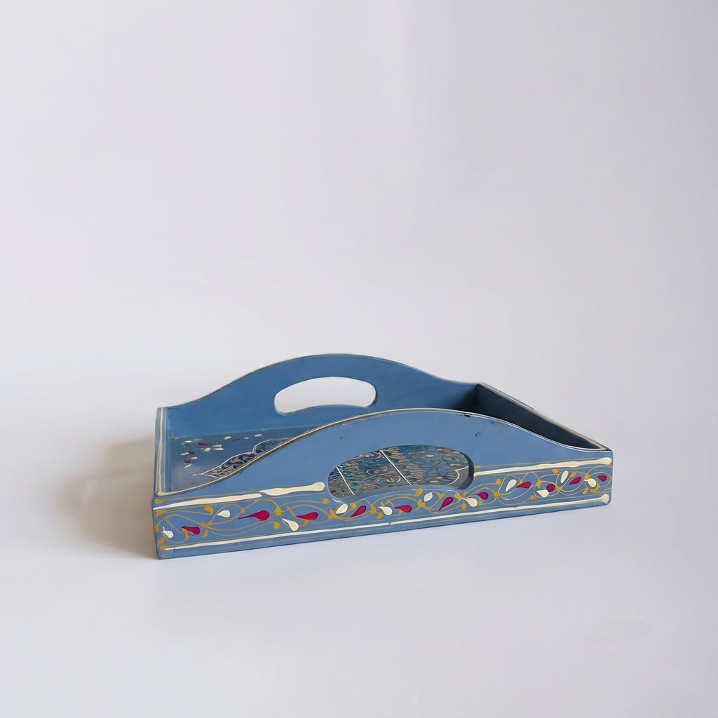 Swati wooden tray with grey base — Pakistani handcrafted design — Craftan Pakistan