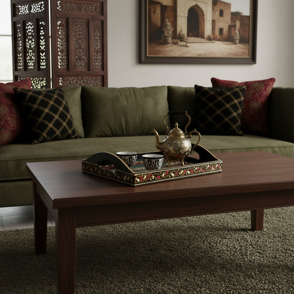 Swati wooden tray with intricate black floral patterns — Craftan Pakistan