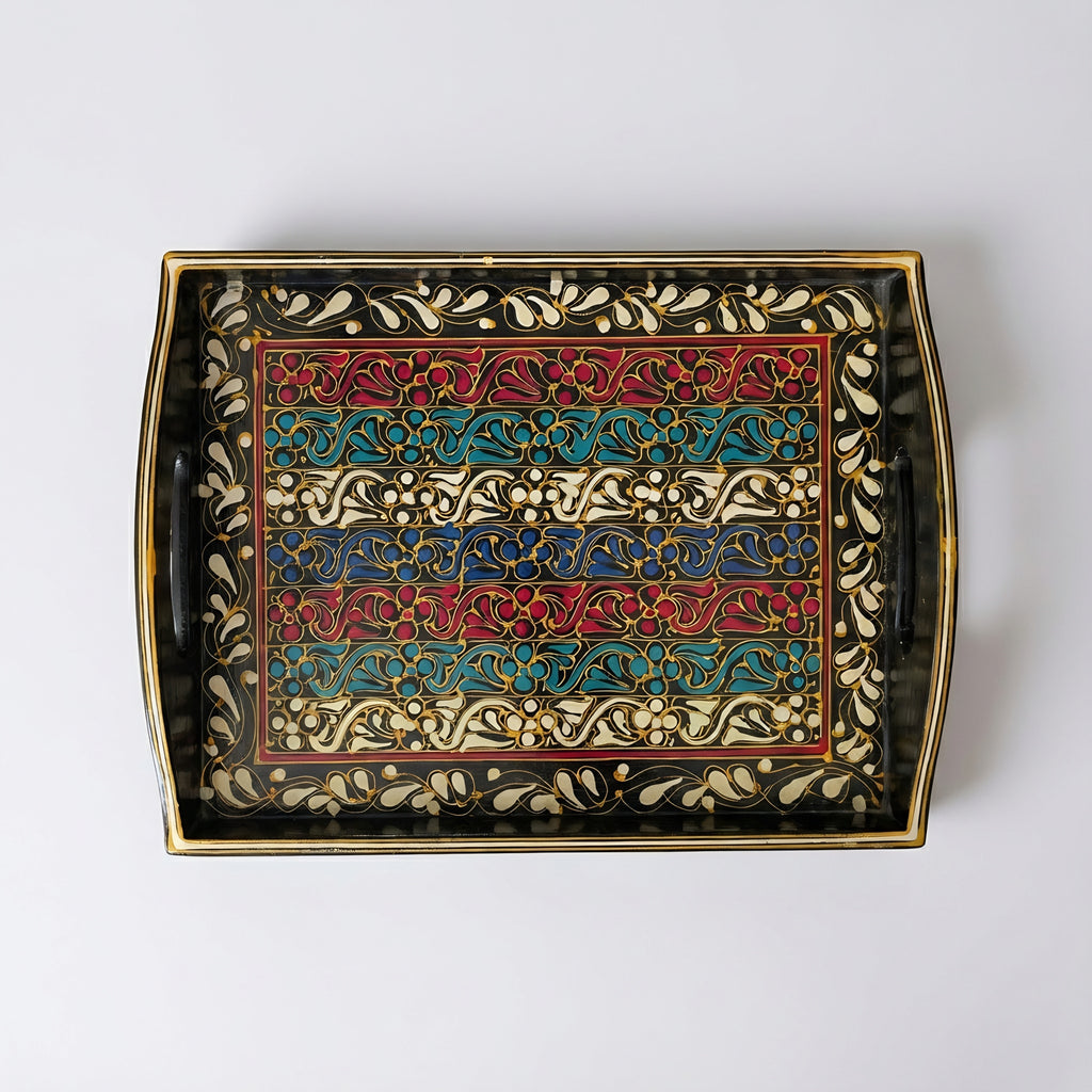 Black floral design wooden tray — Swati craftsmanship — Craftan Pakistan