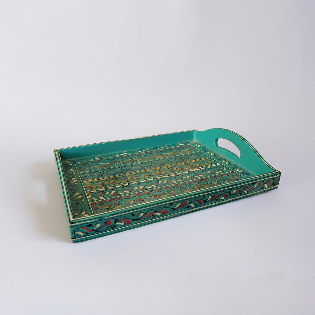 Swati Wooden Serving Tray Teal & Gold - handmade wooden craft - Craftan Pakistan