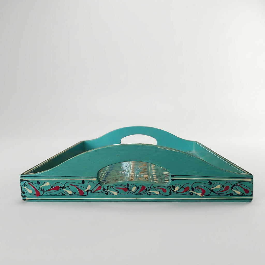 Swati Wooden Serving Tray Teal & Gold - handcrafted wooden surface detail - Craftan Pakistan
