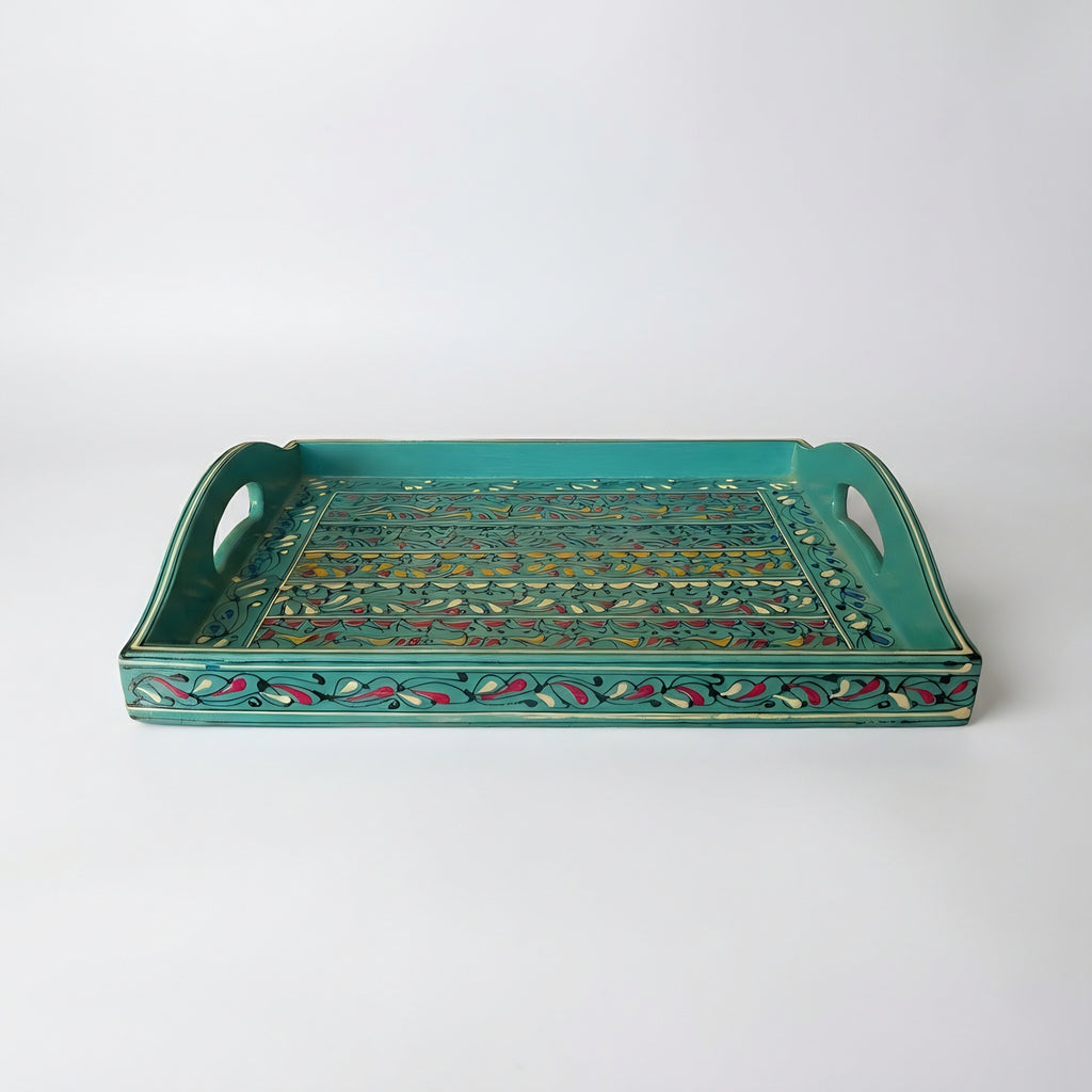 Swati Wooden Serving Tray Teal & Gold - Pakistani wooden artistry - Craftan Pakistan