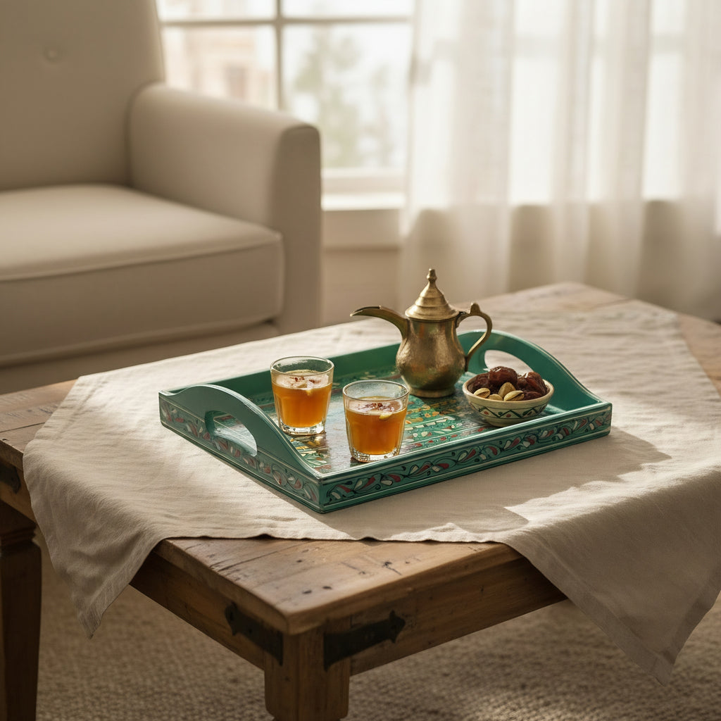 Swati Wooden Serving Tray Teal & Gold - handmade wooden edges closeup - Craftan Pakistan