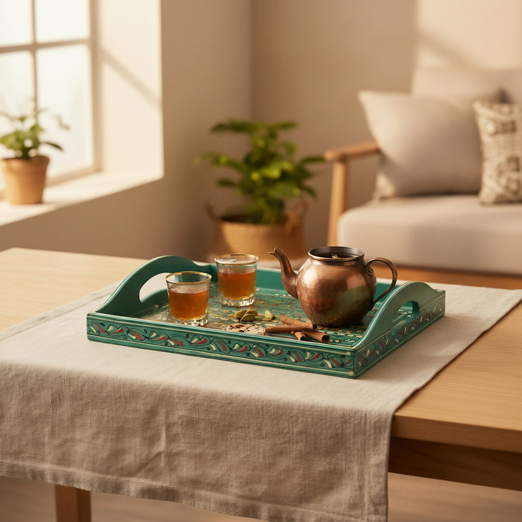 Swati Wooden Serving Tray Teal & Gold - authentic Pakistani wooden work - Craftan Pakistan