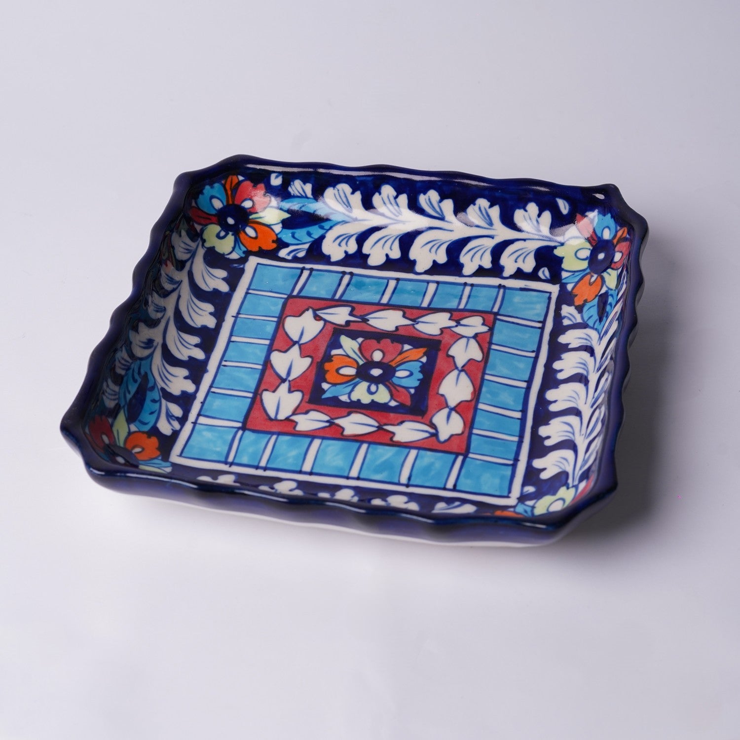 Colorful floral ceramic dish — Pakistani blue pottery tableware — Craftan Pakistan