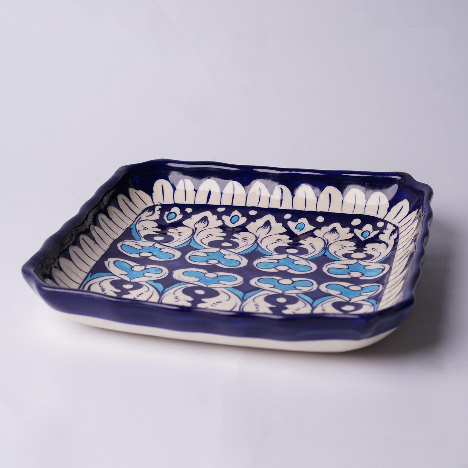 Square Serving Dish - Floral Bands & Heart Motif — handmade blue pottery — Craftan Pakistan