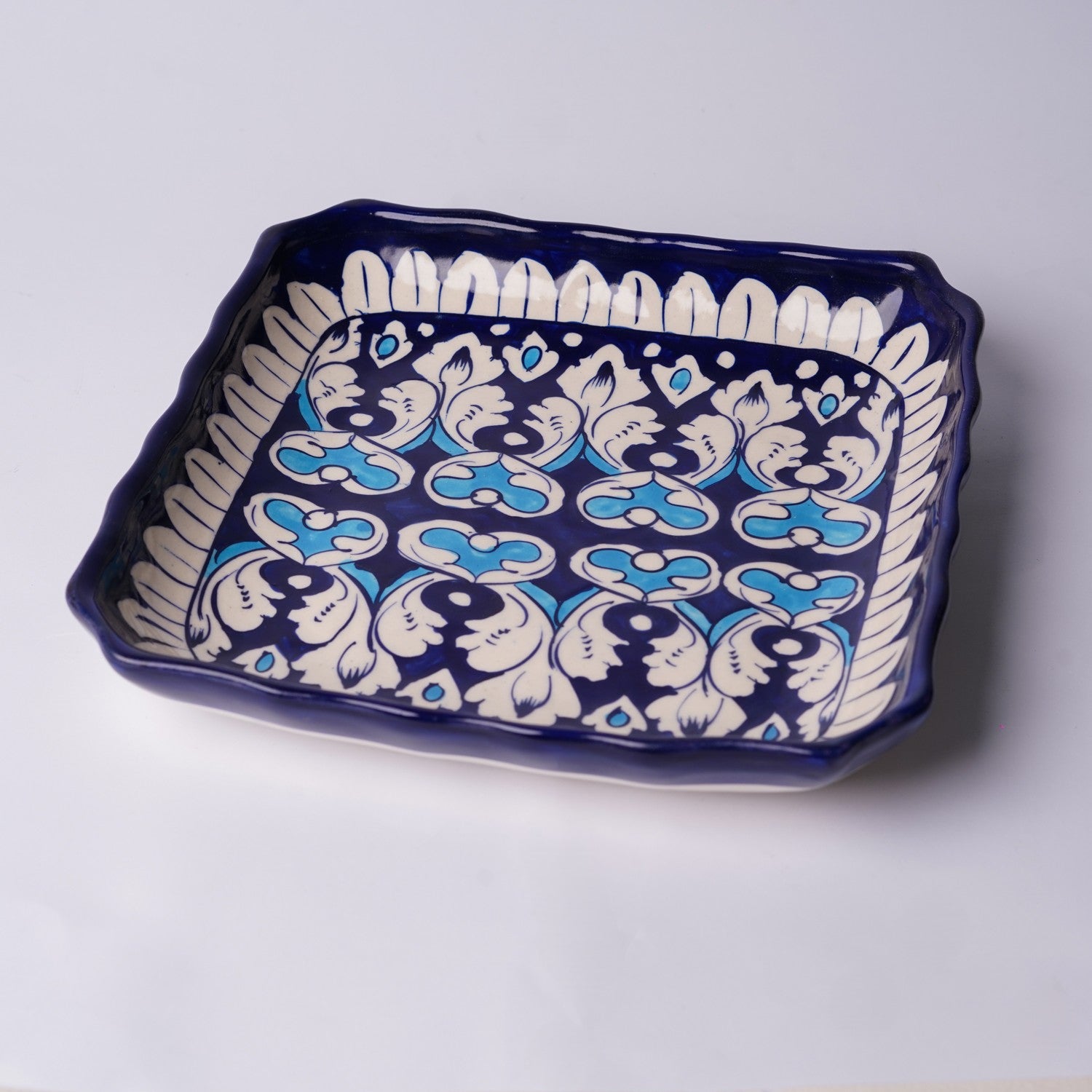 Square Serving Dish - Floral Bands & Heart Motif — Multani ceramic artistry — Craftan Pakistan