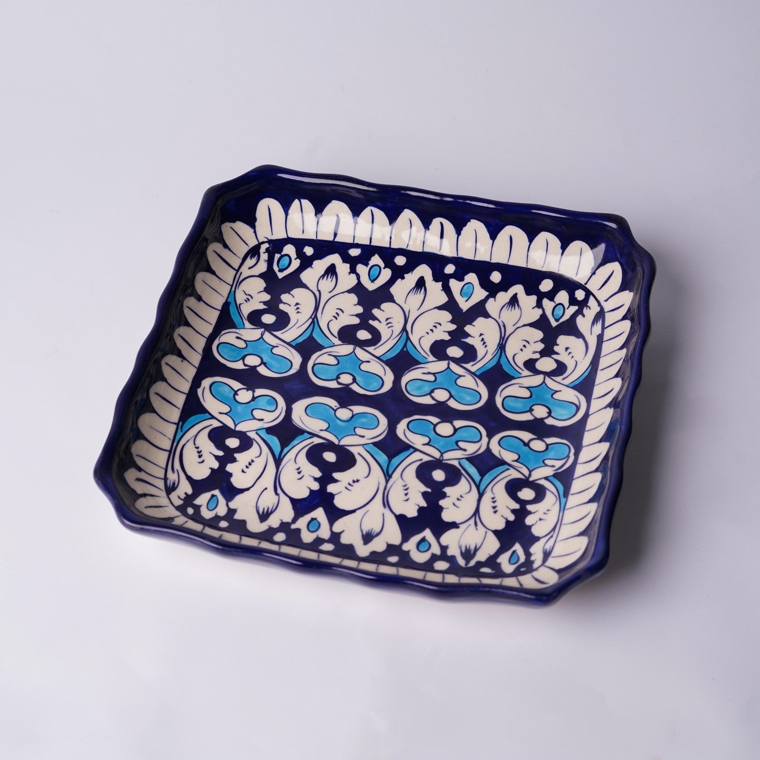 Square Serving Dish - Floral Bands & Heart Motif — Pakistani blue pottery craftsmanship — Craftan Pakistan