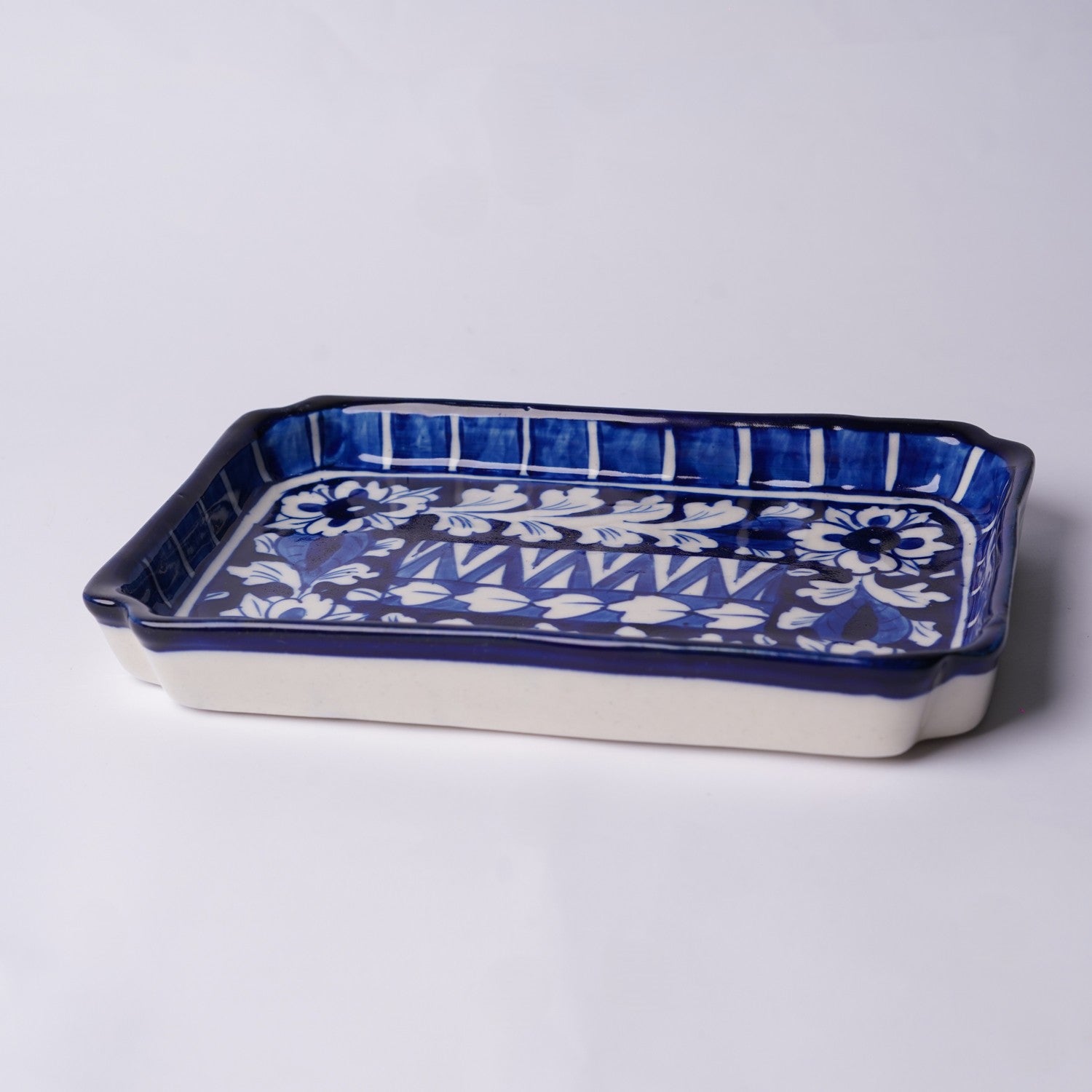 Handcrafted Rectangular Blue Pottery Dish – Floral Pattern