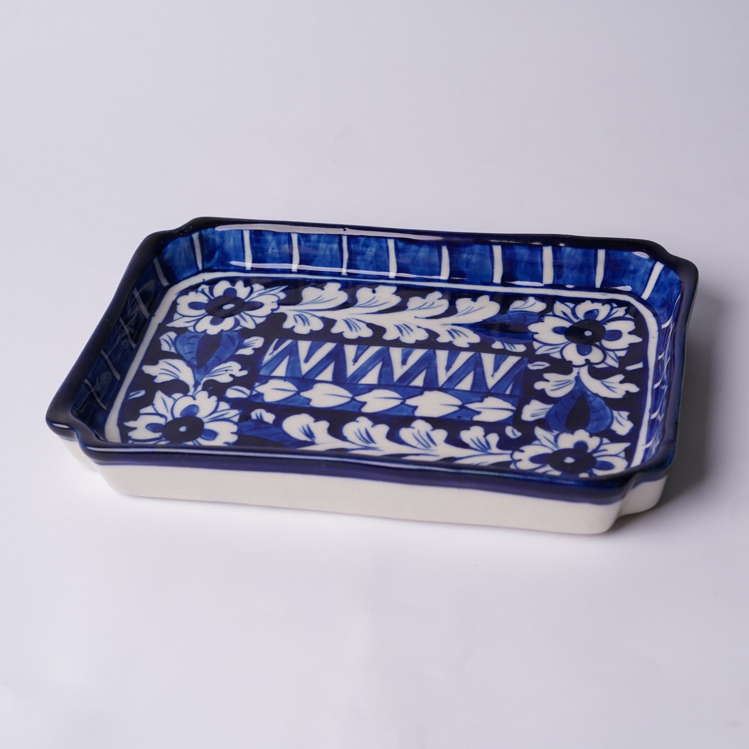Handcrafted Rectangular Blue Pottery Dish – Floral Pattern