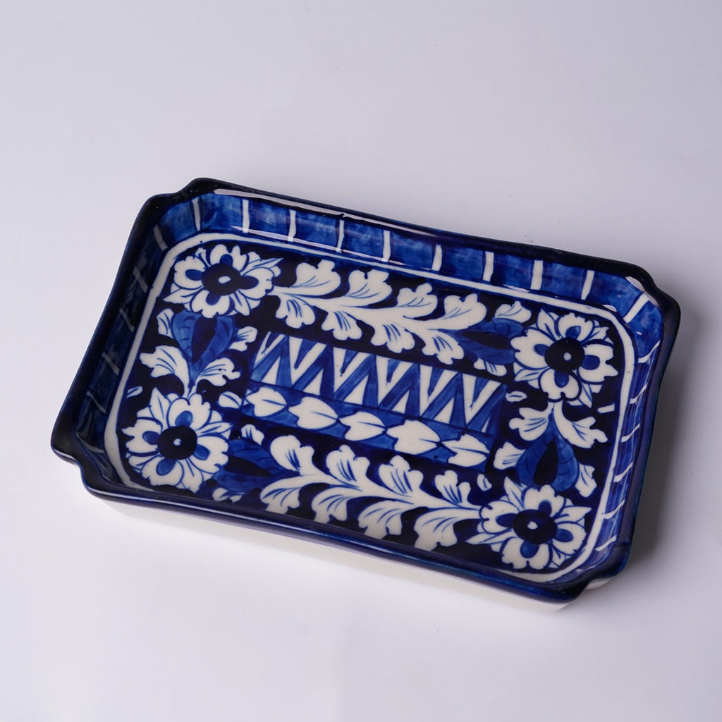 Handcrafted Rectangular Blue Pottery Dish – Floral Pattern