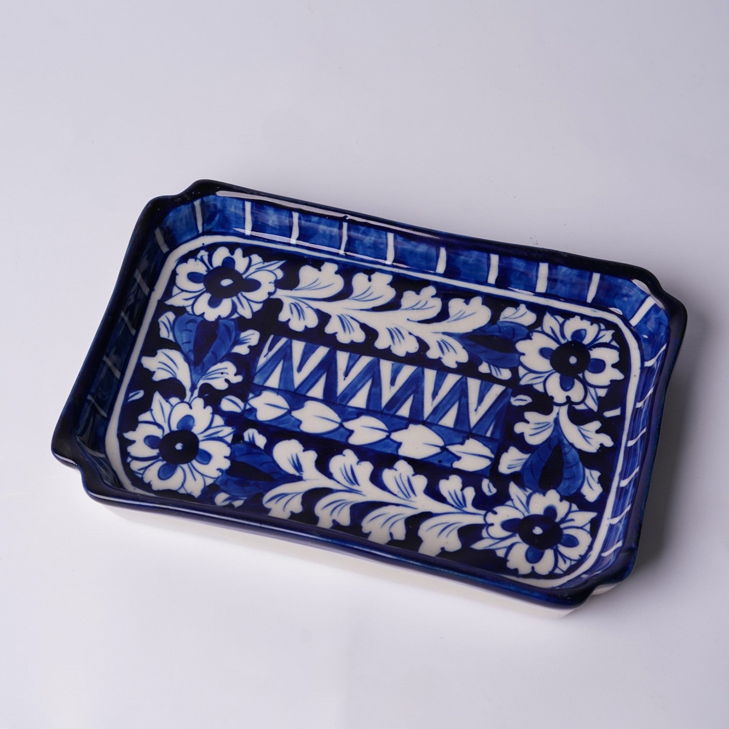 Handcrafted Rectangular Blue Pottery Dish – Floral Pattern
