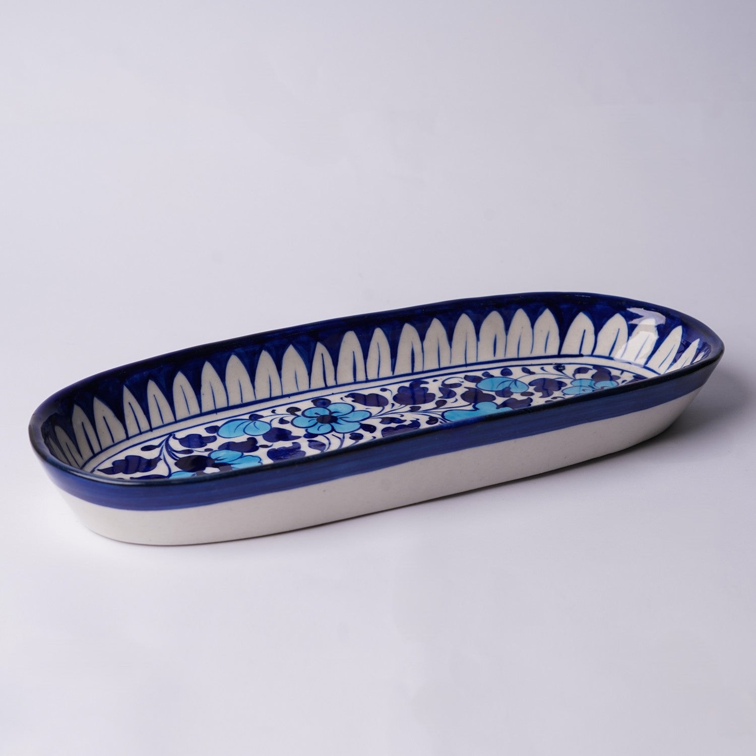 Long Oval Snack Dish — handmade blue pottery — Craftan Pakistan