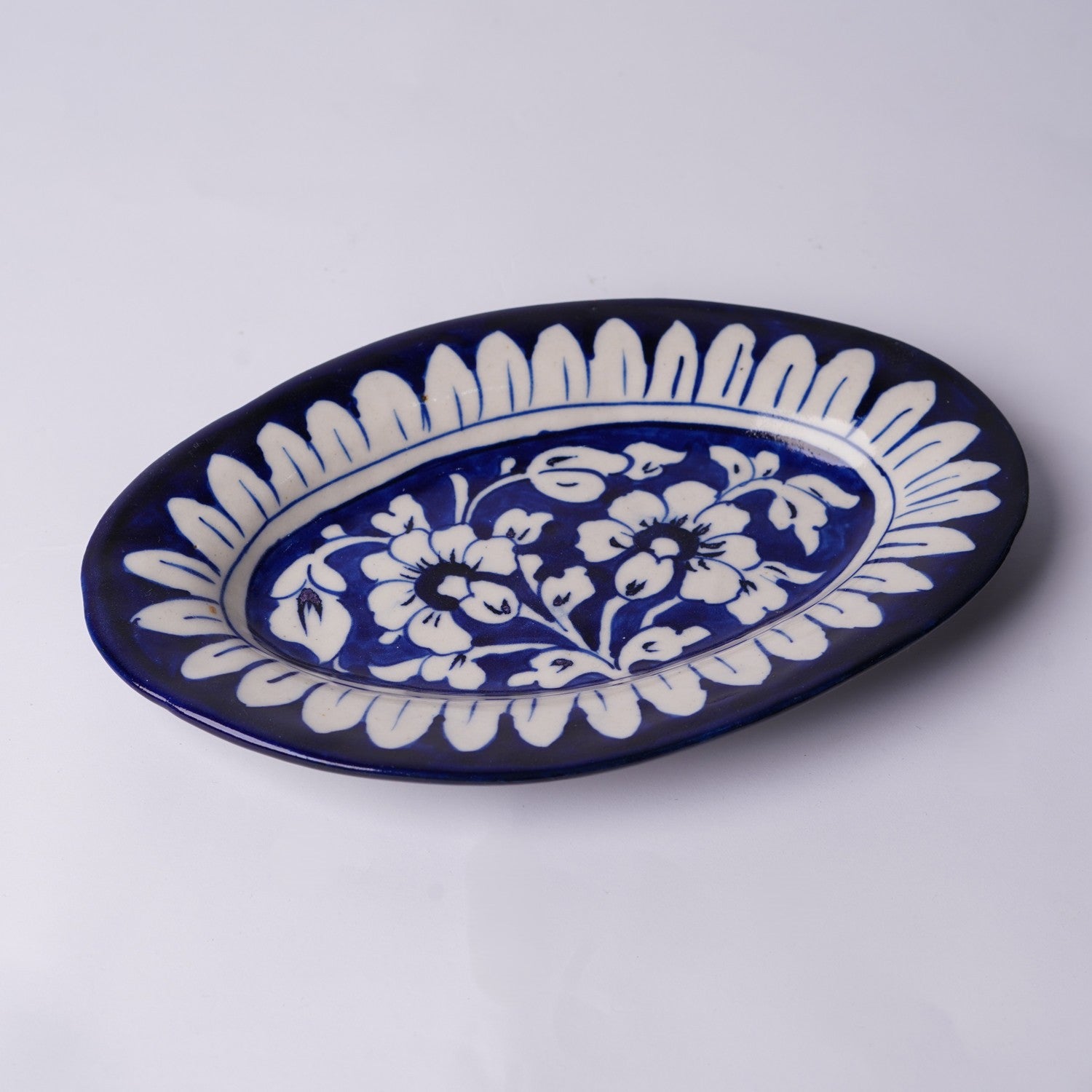 Handcrafted Oval Ceramic Dish – 9x6" Multani Blue Pottery with Dense Floral Design