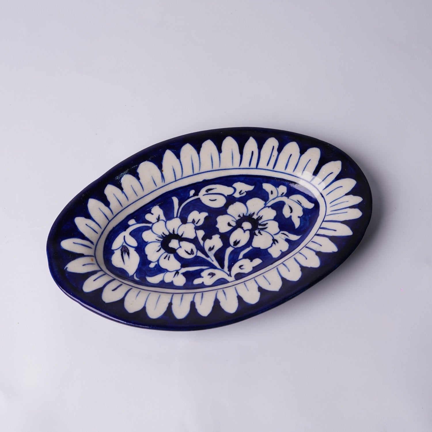 Handcrafted Oval Ceramic Dish – 9x6" Multani Blue Pottery with Dense Floral Design