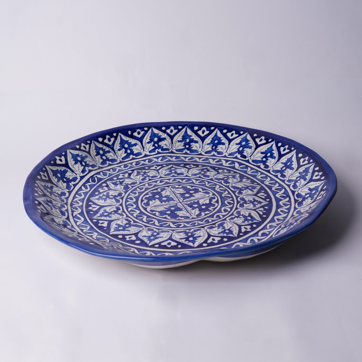 Large Round Serving Dish Wave Edge — handmade blue pottery — Craftan Pakistan