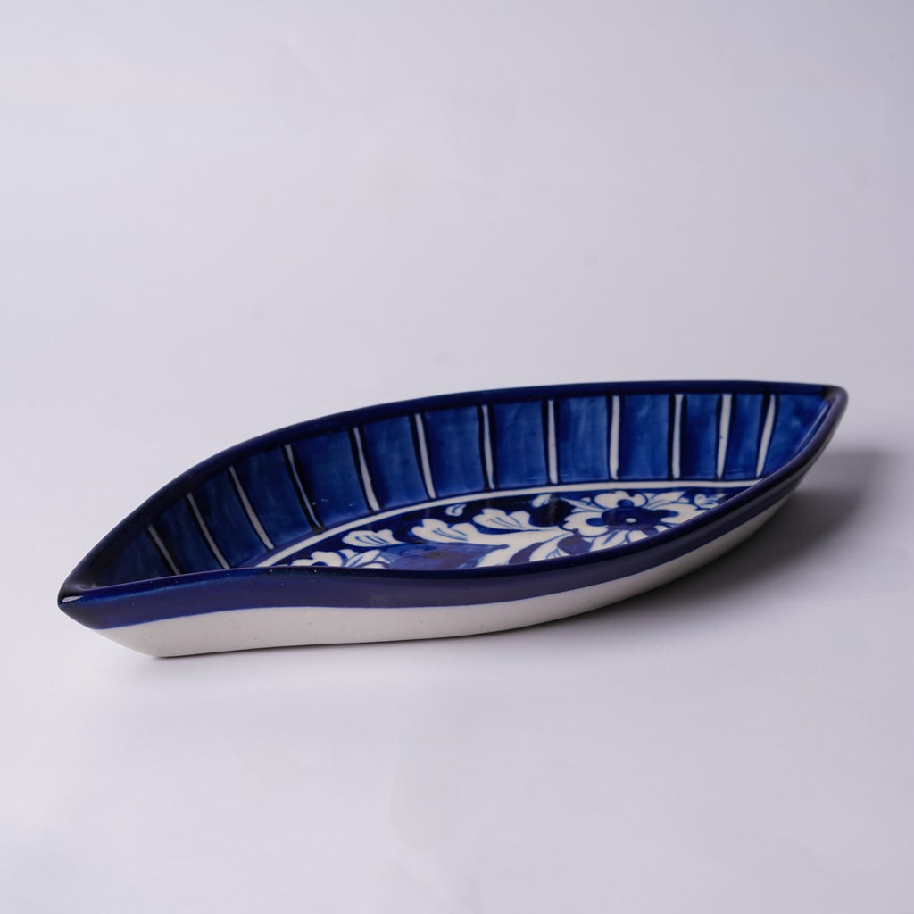 Boat Shaped Blue Pottery Dish - Bold Floral Lines
