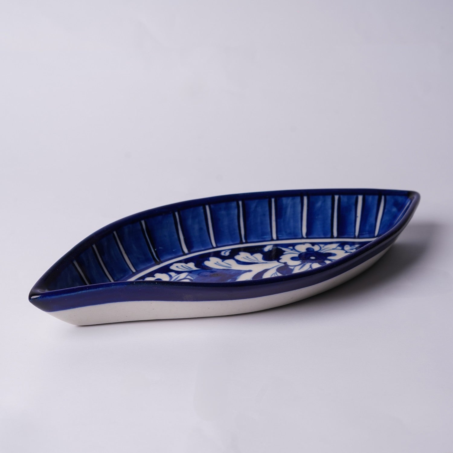 Boat Shaped Blue Pottery Dish - Bold Floral Lines