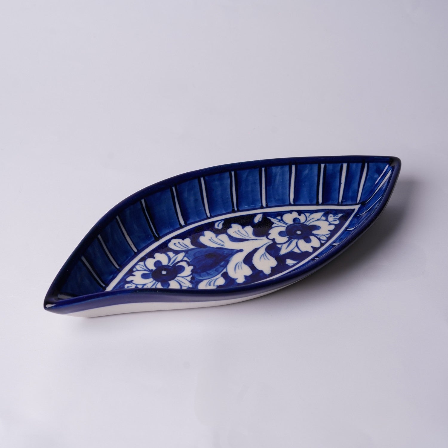 Boat Shaped Blue Pottery Dish - Bold Floral Lines