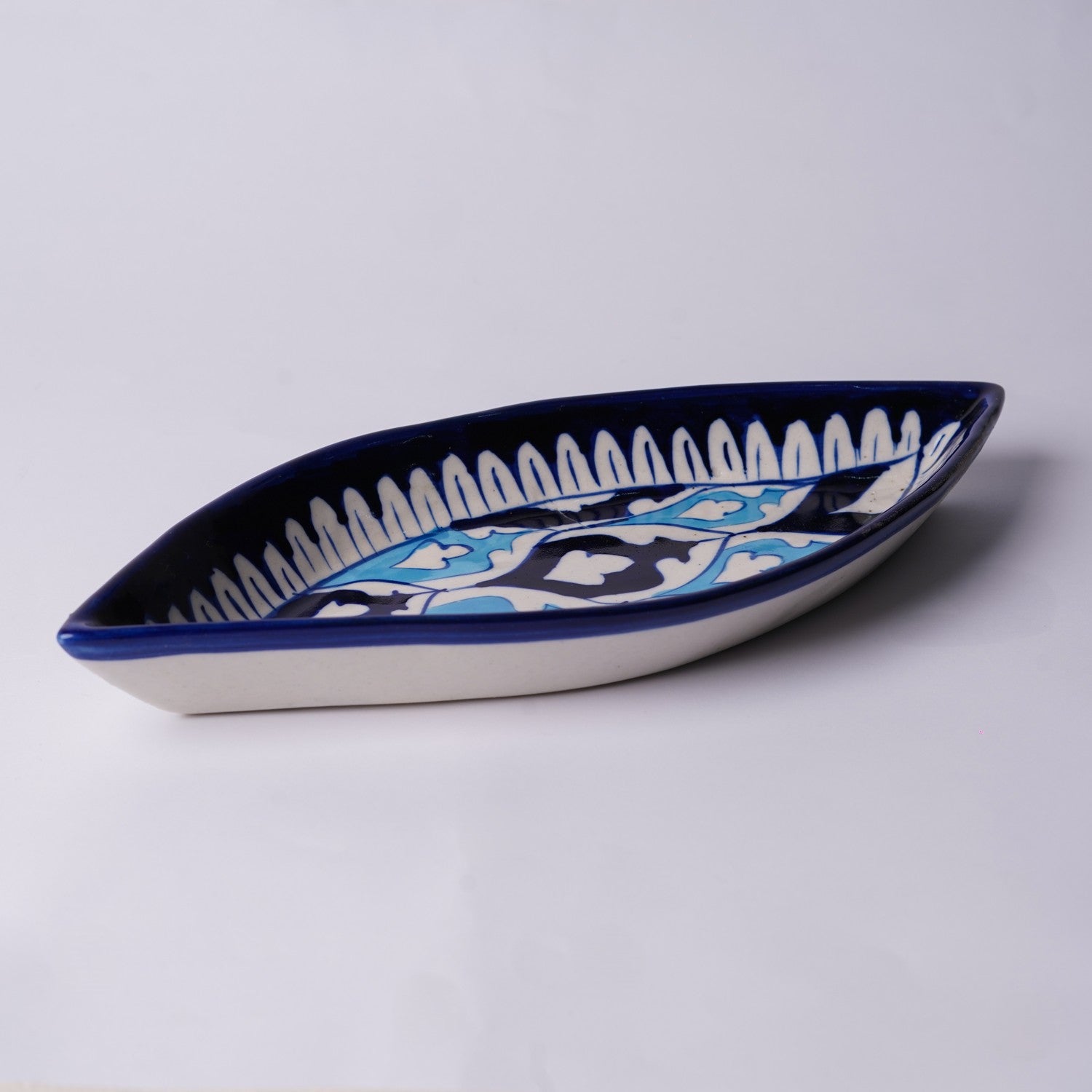 Boat Shaped Blue Pottery Dish - Petal Motif
