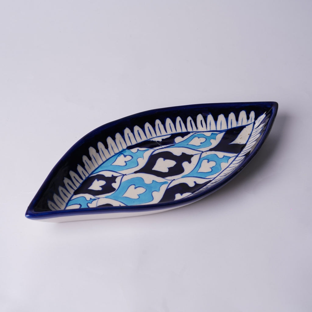 Boat Shaped Blue Pottery Dish - Petal Motif