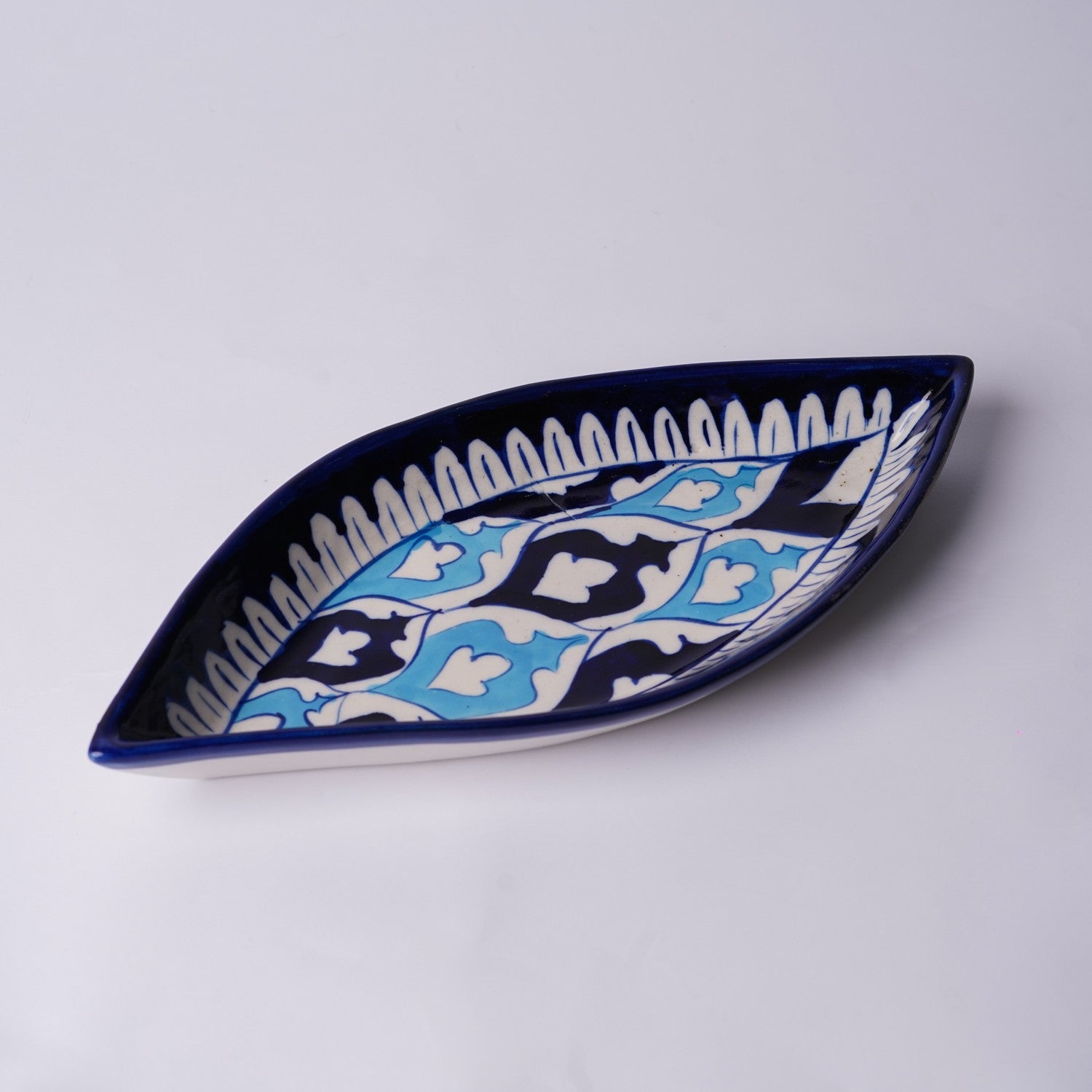 Boat Shaped Blue Pottery Dish - Petal Motif